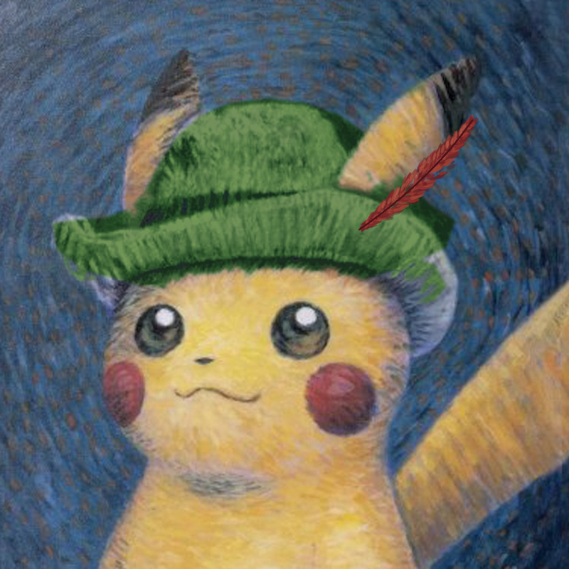 Pikawifhat — Pikachu in a green Robin Hood hat with a red feather, painted in Van Gogh style